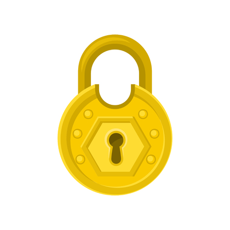 Old round-shaped padlock with ornamental engraving. Mystery, secret or security theme. Flat vector designのイラスト素材