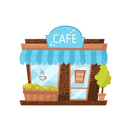 Cute facade of small cafe. City building with signboard, decorative plants, awning, big glass door and window in cartoon style. Flat vectorのイラスト素材