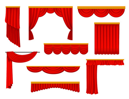 Flat vector set of various curtains and pelmets for theater or circus stage. Decorative elements for website, promo poster or flyerのイラスト素材