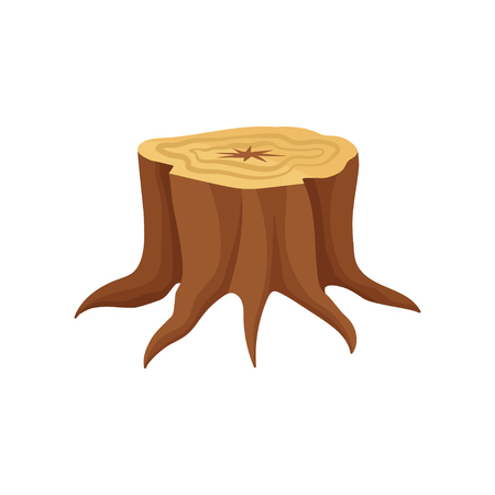 Flat vector icon of old tree stump with annual growth rings and roots. Wood production industryの写真素材