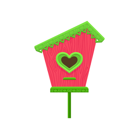 Lovely wooden birdhouse with hole in shape of heart. Pink nesting box with green roof on stand. Flat vector element for postcardのイラスト素材