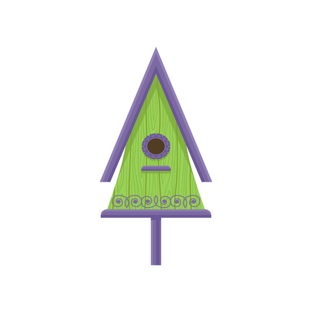 Bright green birdhouse with purple roof and pattern. Small nesting box on stand. Home for birds. Flat vector element for banner or posterのイラスト素材