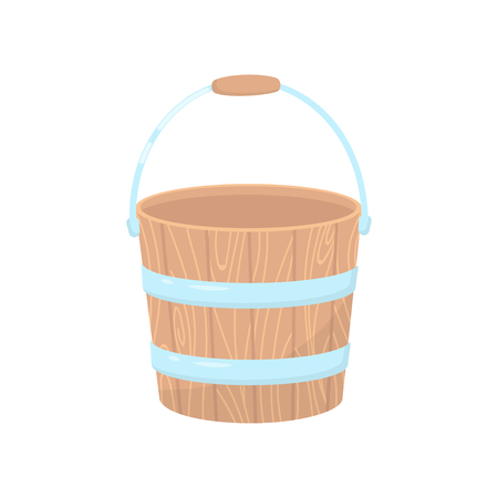 Flat vector icon of empty wooden bucket for garden. Small water pail with metal handle and hoopsのイラスト素材