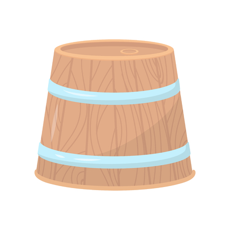 Wooden barrel with two metal hoops. Large round container for alcoholic beverages. Flat vector design for poster or bannerのイラスト素材