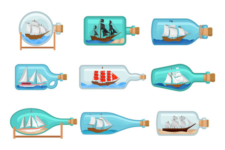 Flat vector set of glass bottles with ships inside. Sailing crafts. Miniature models of marine vessels. Hobby and sea themeのイラスト素材