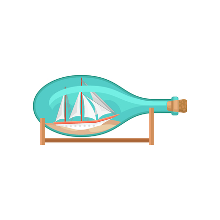 Flat vectir icon of glass bottle on wooden stand with ship and sand inside. Model of sailing craftのイラスト素材