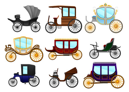 Flat vector set of old horse-drawn carriages. Vintage vehicles for passengers. Royal coachのイラスト素材
