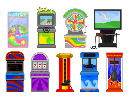 Flat vector set of various arcade machines. Boxing, claw crane, strength tester, auto simulator, wheel of Fortune, shooting gameのイラスト素材
