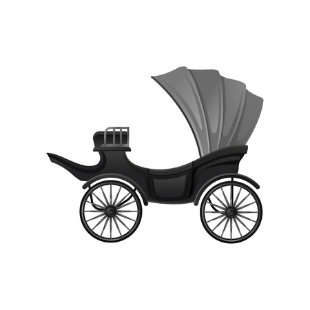 Illustration of black carriage with soft gray convertible top and big wheels. Cartoon icon of vintage vehicle. Antique wagon for passengers. Colorful flat vector design isolated on white background.のイラスト素材