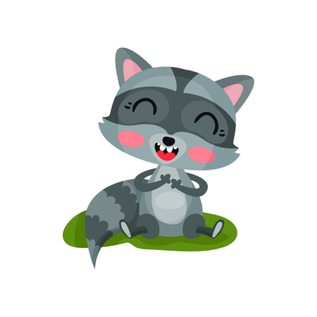 Happy raccoon sitting on green grass and laughing. Flat vector icon of wild forest animal with pink cheeks and striped tailのイラスト素材