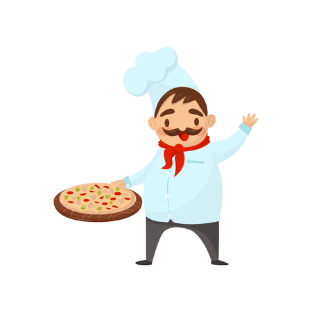 Happy Italian chef holding pizza and waving by hand. Professional restaurant worker. Flat vector icon of man in kitchen uniformのイラスト素材