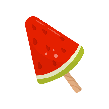 Tasty watermelon ice cream on wooden stick. Delicious summer dessert. Flat vector element for menu, promo banner or posterのイラスト素材