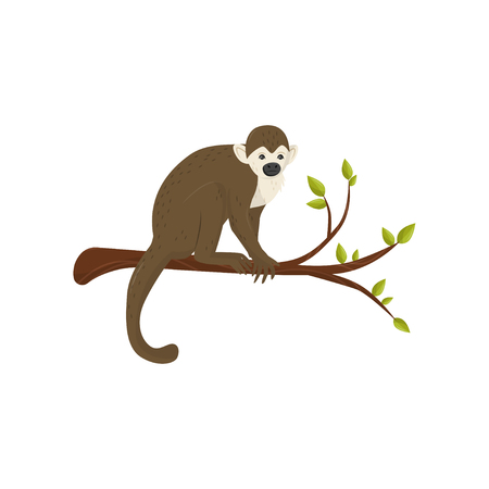 Flat vector icon of small monkey sitting on tree branch with green leaves. Wild animal from tropical forestのイラスト素材