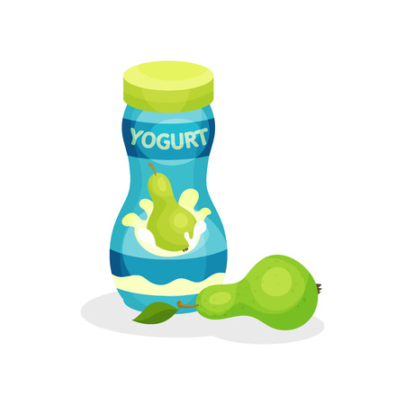 Small plastic bottle of delicious yogurt and ripe green pear. Juicy fruit and tasty beverage for kids. Flat vector icon of baby foodのイラスト素材