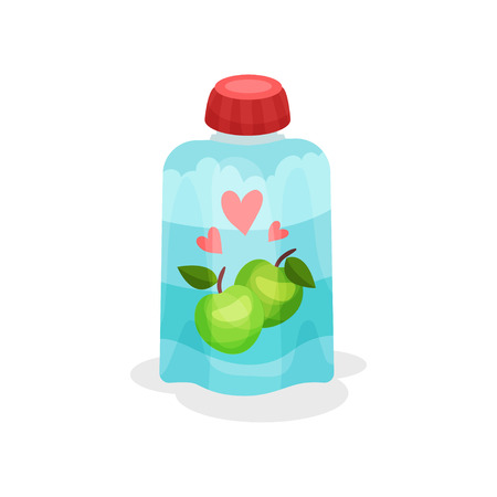 Yogurt with taste of apples in soft packaging. Baby food. Delicious fruity beverage for kids. Flat vector for promo poster or bannerのイラスト素材