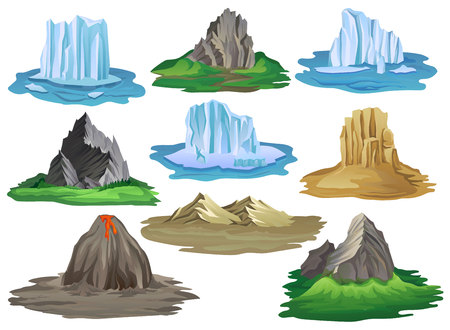 Flat vector set of natural landscape elements. Mountains surrounded with green grass, volcano with flowing lava, icebergs floating in waterのイラスト素材