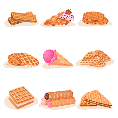 Flat vector set of delicious waffle desserts. Tasty ice-cream, sweet snacks for breakfast. Street fast foodのイラスト素材
