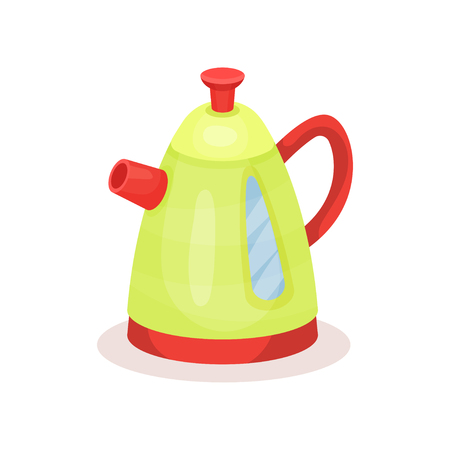 Bright green kettle with red spout and handle. Kitchen utensil. Flat vector element for promo poster or flyer of electronics storeのイラスト素材