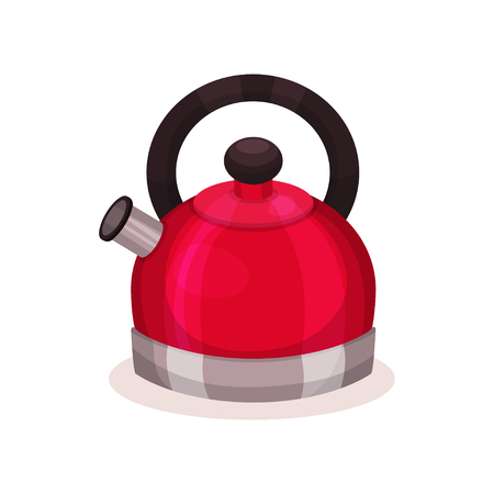 Icon of steel bright red kettle with brown handle. Kitchen utensil. Flat vector element for banner or poster of household storeのイラスト素材
