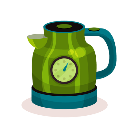 Shiny green electric kettle with thermometer. Modern home appliance. Flat vector lement for advertising flyer of household storeのイラスト素材