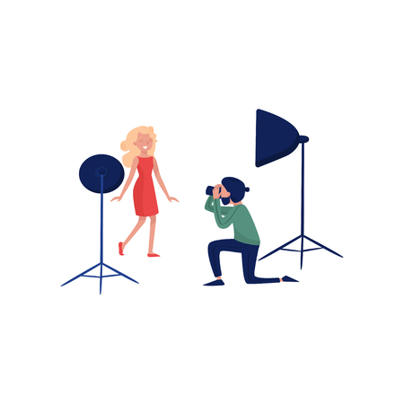 Professional photographer shooting fashion model in studio. Young cheerful girl posing for camera. Flat vector designのイラスト素材