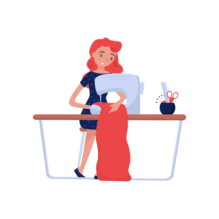 Professional seamstress sitting at table with sewing machine and sews clothes. Fashion designer. Job or hobby theme. Flat vector designのイラスト素材