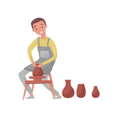 Man shaping ceramic jug on rotating pottery wheel. Young potter guy making earthenware. Professional at work. Flat vector designのイラスト素材