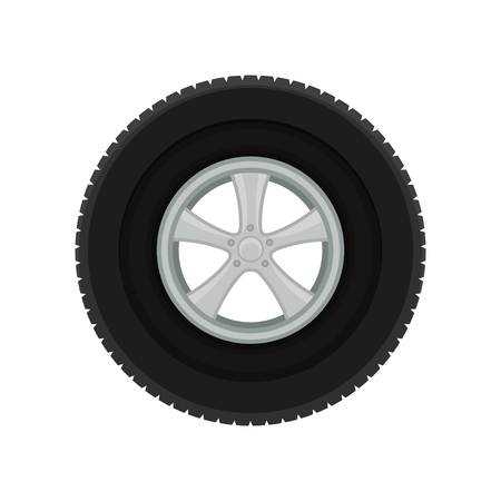 Gray car disk with large black tire. Automobile theme. Flat vector element for promotional poster or banner of tire fitting serviceのイラスト素材