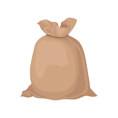 Burlap sack tied with rope. Big brown bag with grain or flour. Flat vector element for promo poster or banner of farm productsのイラスト素材