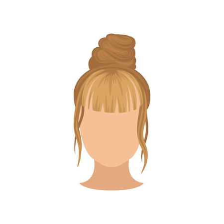 Female head with trendy hairstyle, top bun and long bang. Fashionable hairdo. Flat vector for poster of hairdressing salonのイラスト素材