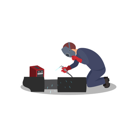 Man welds metal with welding machine. Worker in protective outfit. Professional at work. Flat vector designのイラスト素材