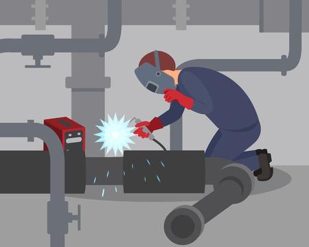 Worker welds large metal pipes at basement. Professional welder at work. Man in protective mask and gloves. Flat vector designのイラスト素材