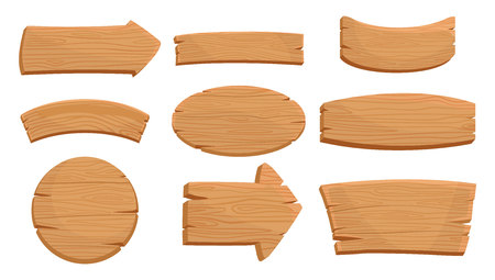 Flat vector set of various wooden signboards and direction arrows. Natural texture. Signs with place for your messages. Mobile game assetsのイラスト素材