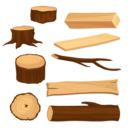 Flat vector set of materials for wood industry. Old tree stumps and branch, long beam and planks, wooden log. Natural forest elementsのイラスト素材