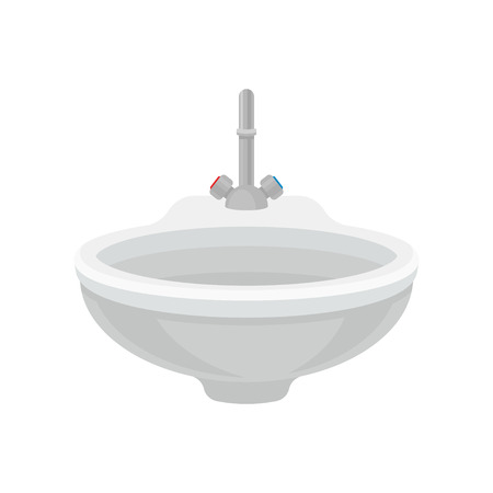 White bathroom ceramic sink with metal mixer faucet, bathroom furniture vector Illustration on a white backgroundのイラスト素材