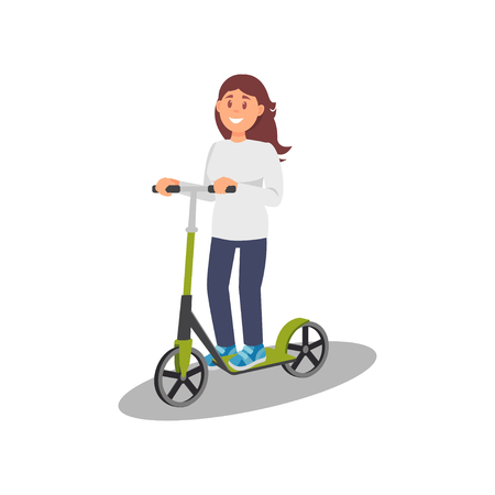 Young woman riding kick scooter, healthy and active lifestyle, eco friendly alternative transportation vehicle vector Illustration on a white backgroundのイラスト素材