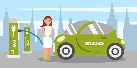 Young woman charging electric car at charging station, eco friendly alternative transportation vehicle vector Illustration inのイラスト素材