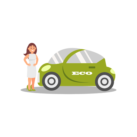 Young woman standing next green electric car, eco friendly alternative transportation vehicle vector Illustration on a white backgroundのイラスト素材