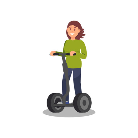 Young woman riding self balancing scooter healthy and active lifestyle, eco friendly alternative transportation vehicle vector Illustration on a white backgroundのイラスト素材