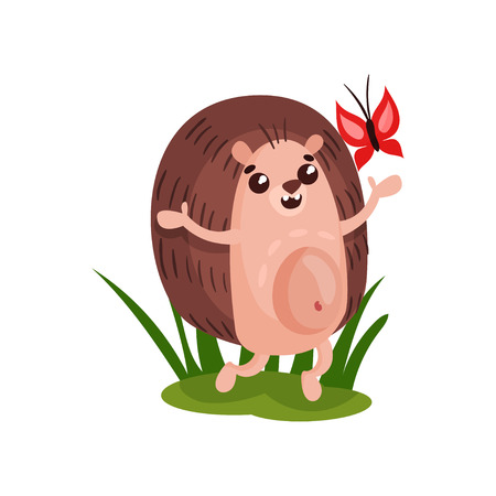 Cute happy hedgehog having fun with butterfly, funny animal cartoon character vector Illustration on a white backgroundのイラスト素材