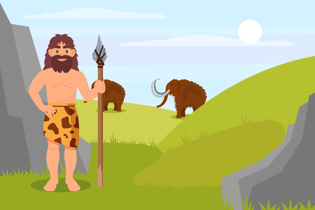Prehistoric caveman character in animal skin holding spear, Stone Age natural landscape vector Illustration in flat styleのイラスト素材