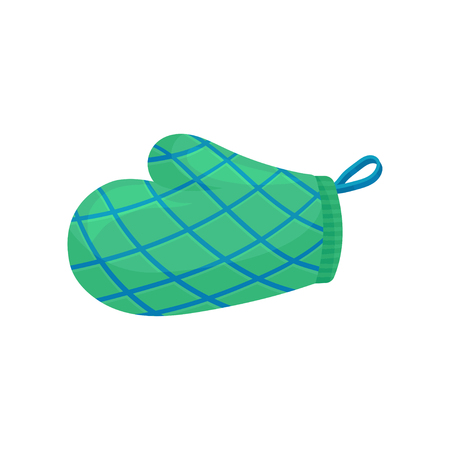 Green oven glove or mitt with blue stripes. Used for protect hand from hot objects. Kitchenware theme. Flat vector iconの写真素材