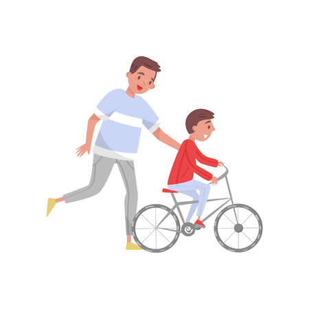 Happy father teaching his son riding bicycle. Outdoor activity. The first bike. Cartoon people characters. Fatherhood theme. Colorful flat style vector illustration isolated on white background.のイラスト素材