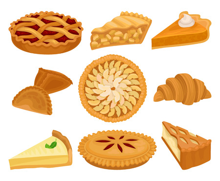 Set of delicious bakery products. Pies with different fillings, fresh croissant and cheesecake. Sweet food. Elements for recipe book or cafe menu. Colorful flat vector isolated on white background.のイラスト素材