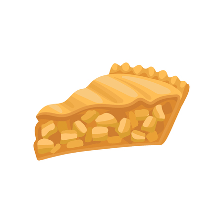 Slice of delicious charlotte pie. Freshly baked apple cake. Tasty bakery product. Graphic element for cafe menu or poster of pastry shop. Colorful flat vector illustration isolated on white backgroundのイラスト素材