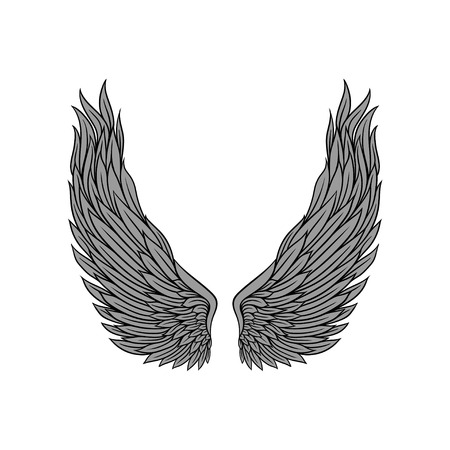 Large angel wings gray feathers and black contour. Old-school tattoo design. Graphic element for decorative sticker, vintage style poster or print. Colorful vector icon isolated on white background.のイラスト素材