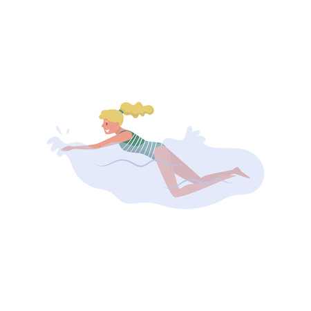 Young blond woman swimming in the sea. Teenager girl in green striped swimsuit. Active summer recreation. Cartoon female character. Colorful flat vector illustration isolated on white background.のイラスト素材
