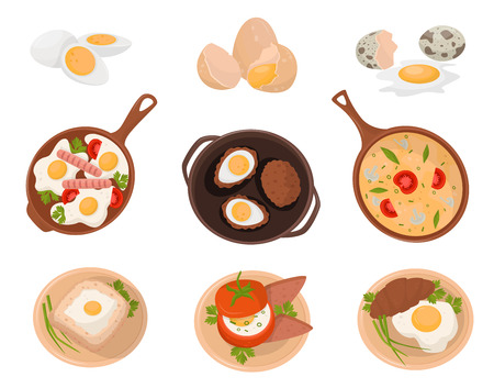Tasty dishes made from eggs set, raw, boiled and fried eggs with various ingredients vector Illustration on a white backgrounのイラスト素材