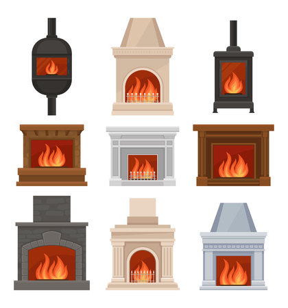 Fireplaces with fire set, stone and cast iron mantels vector Illustrations isolated on a white background.のイラスト素材