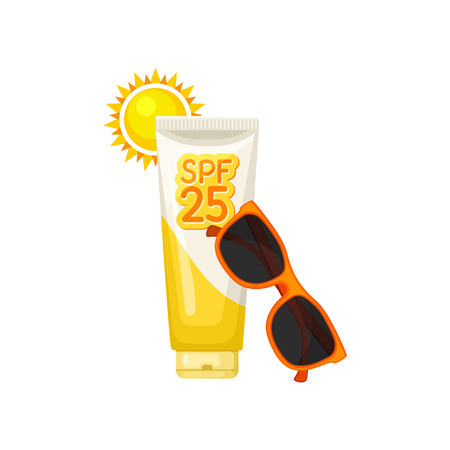 Plastic tube of sunblock lotion, bright sun and red sunglasses. Cosmetic product for skin protection from ultraviolet rays. Cartoon style icon. Colorful flat vector design isolated on white backgroundのイラスト素材